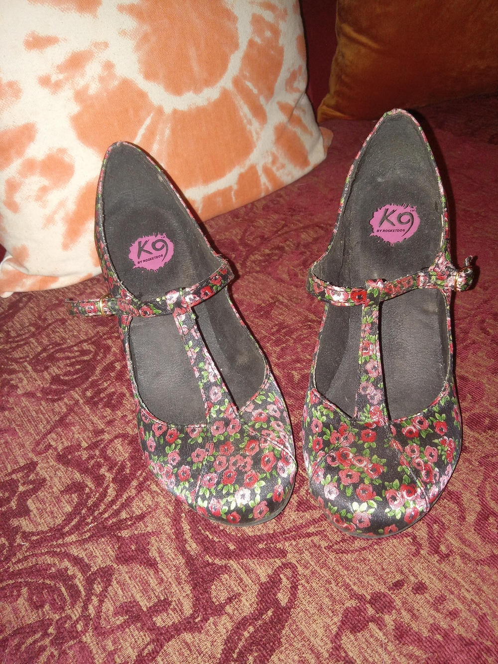 Rocket Dog Floral T-Strap Heels in Black and Red